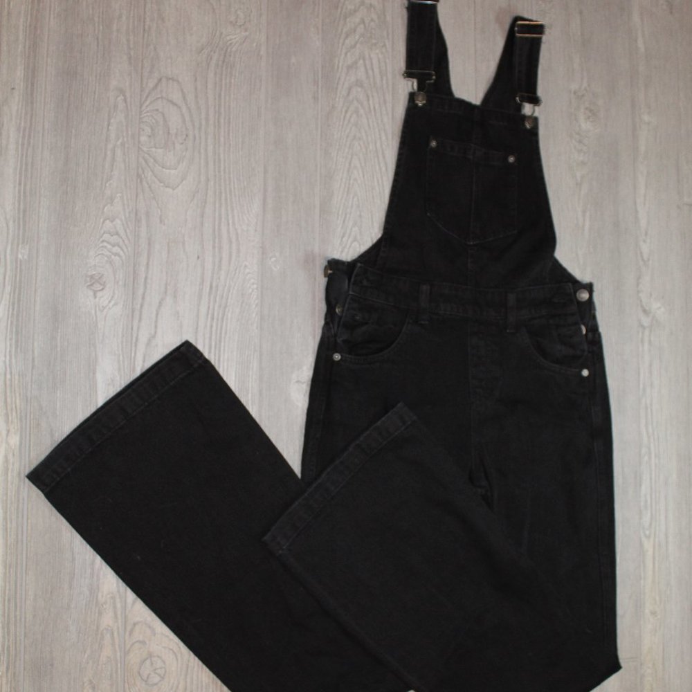 FREE PEOPLE Mid Rise Black Denim Overalls Straight Leg Size 26 Regular